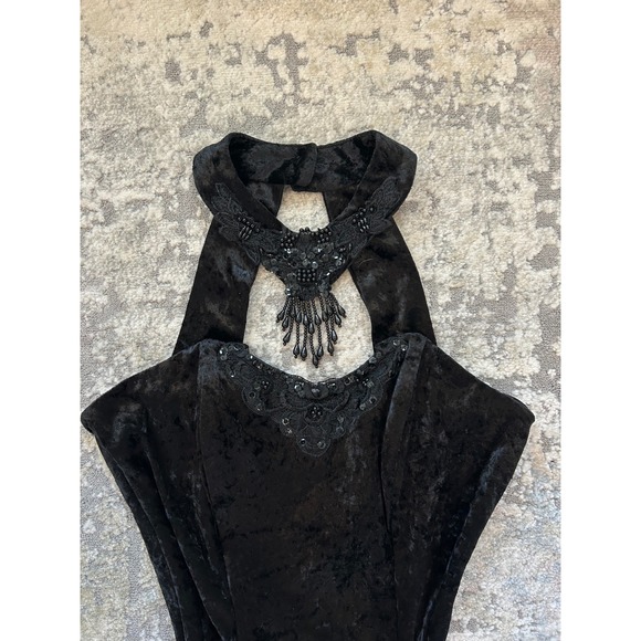 VTG Black velvet mini dress beaded appliqué sweatheart neckline Grunge goth M - Picture 4 of 6